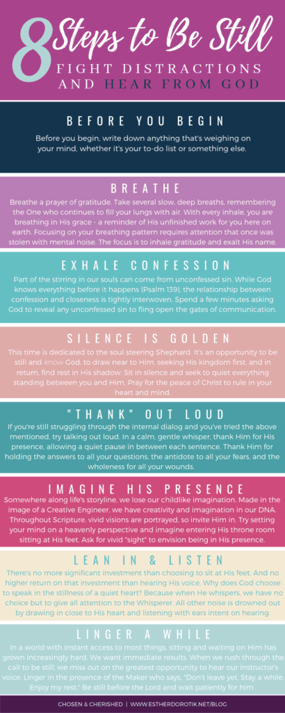 how to be still before God, 8 steps to fight distractions and hear from God, how to have a quiet time with God, learn how to be still and know God more